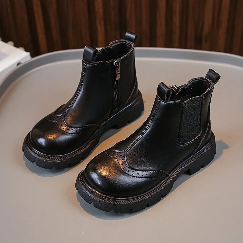 2023 Autumn and Winter Children Girls Chelsea Boots Versatile Soft Fashion Round-toe Kids Leather Boots for Boys Retro Britain