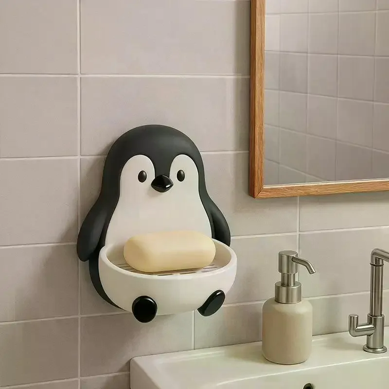 (1pc Penguin Soap Holder Punch‑Free Wall Mounted Soap Dish With Drainage Creative Toilet Storage Organizer (No Drill))