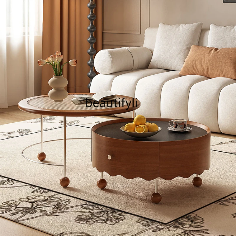 

French Retro Solid Wood Double Layer Stone Plate Coffee Table Size Combination Living Room Retractable Tea Table