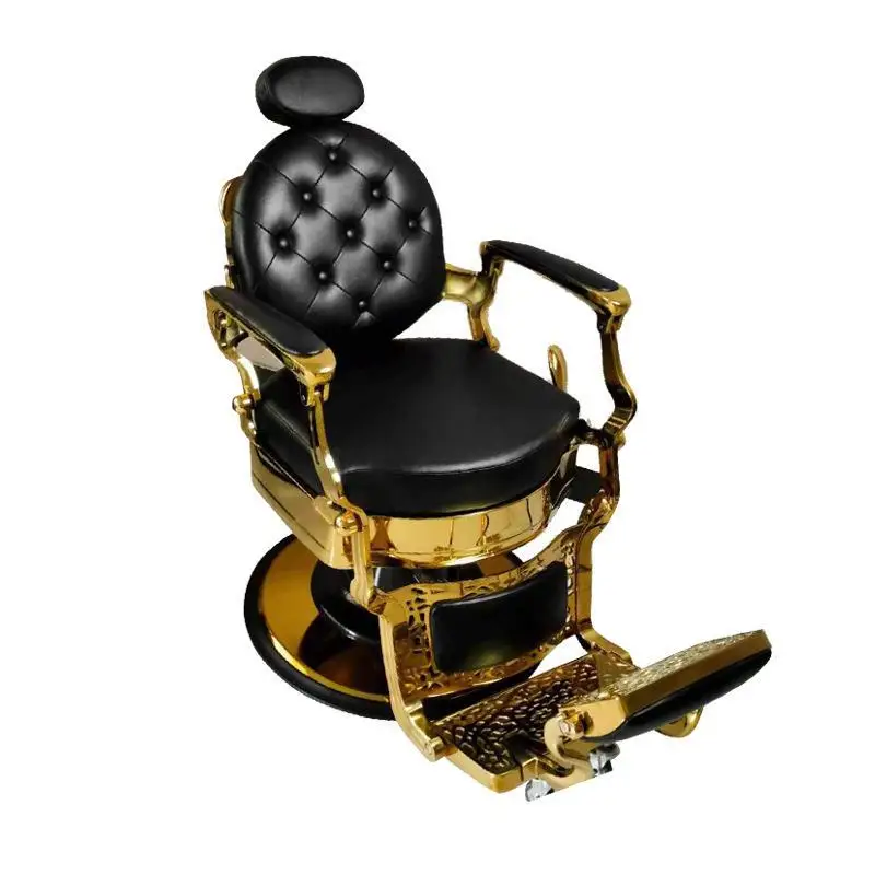 

Antique Barber Chair Round Cushion Salon Barber Chairs Unit Black Gold Synthetic Leather Makeup Stylist Heavy Barber Chairs