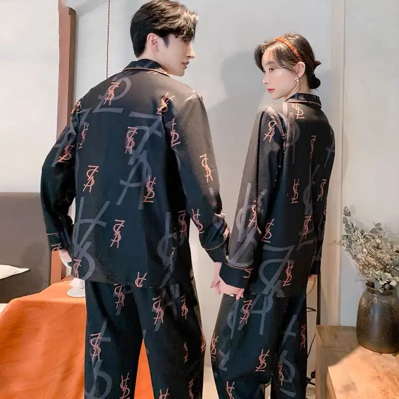 Korean Version of Couple Pajamas Spring and Autumn Ins Style Simple Loose High-grade Long-sleeved Homestays Women Set Luxury Men