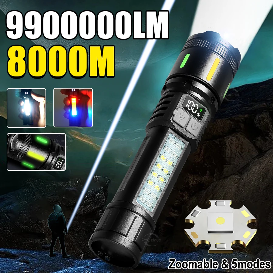 

Новинка 2026 года, мощный фонарик 9900000LM, IPX6, телескопическая вспышка с зумом, перезаряжаемый светодиодный фонарик типа c, уличный приключенческий кемпинг