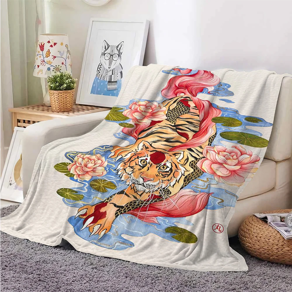 

HX Japan Ukiyoe Blanket Animal Tiger Floral Lotus Leaf 3D Printed Flannel Throw Blankets For Beds Plush Quilt 180x150cm