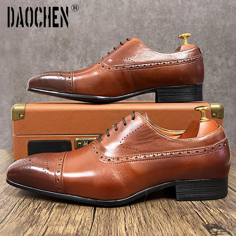 Luxury Brand Men\'s Oxford Shoes Brown Lace Up Pointed Brogues Mens Dress Formal Shoes Wedding Office Leather Men Shoes