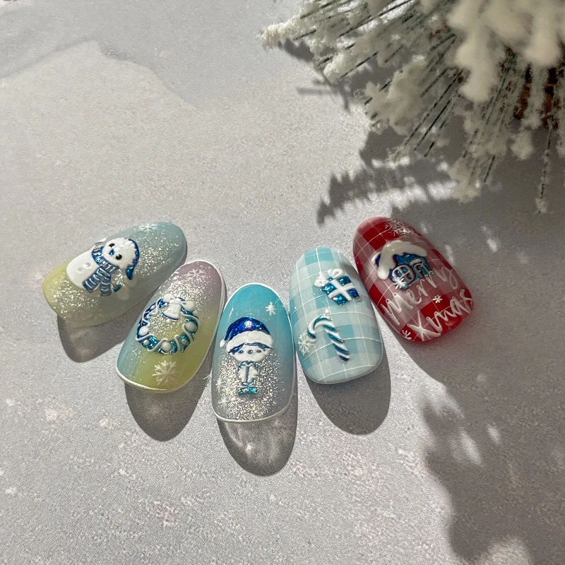 Autocollant de noël pour Nail Art, 1 pièce, feuille de lumière des étoiles en relief, dessin animé mignon bonhomme de neige, cloches d'arbre de noël, autocollants décoratifs multicolores