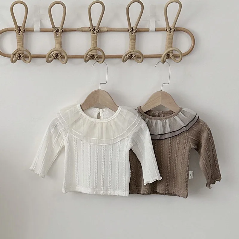 2024 New Autumn Infant Simplicity Blouse 0-24M Toddler Girls Cute Double Layered Mesh Lapel Undershirts Baby Bottoming Shirt