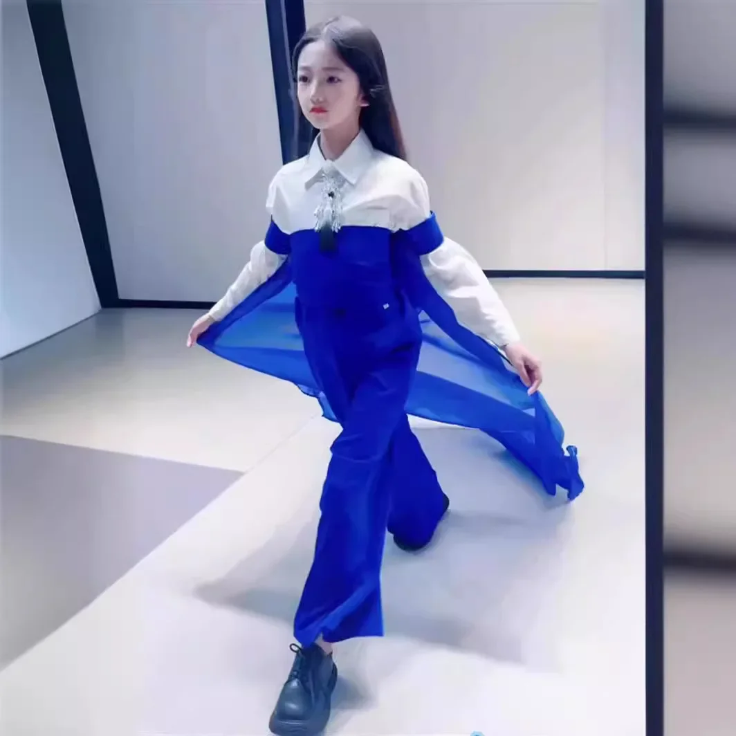 

Girls royal blue macaron trousers set children's catwalk trendy clothes girls' catwalk model special clothes dance clothes