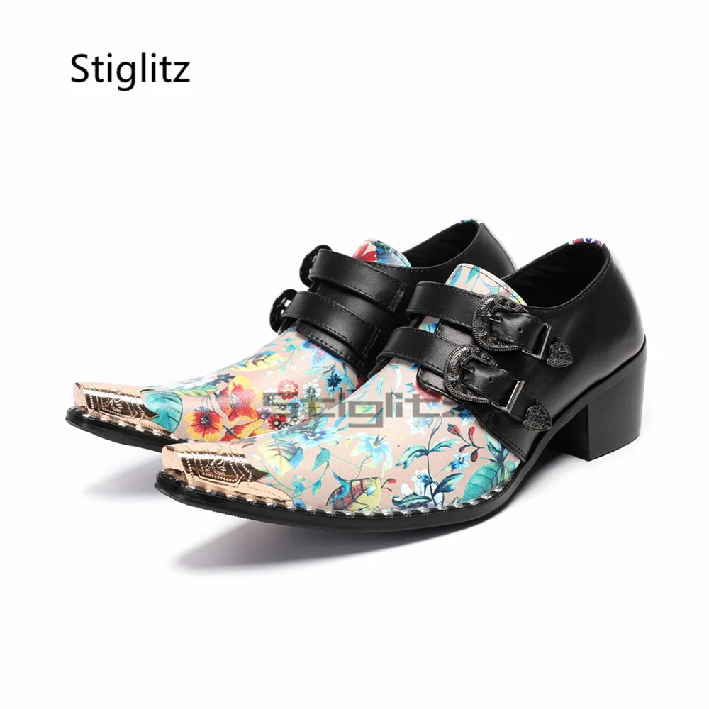 

Men's Floral Prints Double Buckle Leather Shoes Gold Metal Toe Cowhide High Heel Loafers British Style Formal Dress Shoes