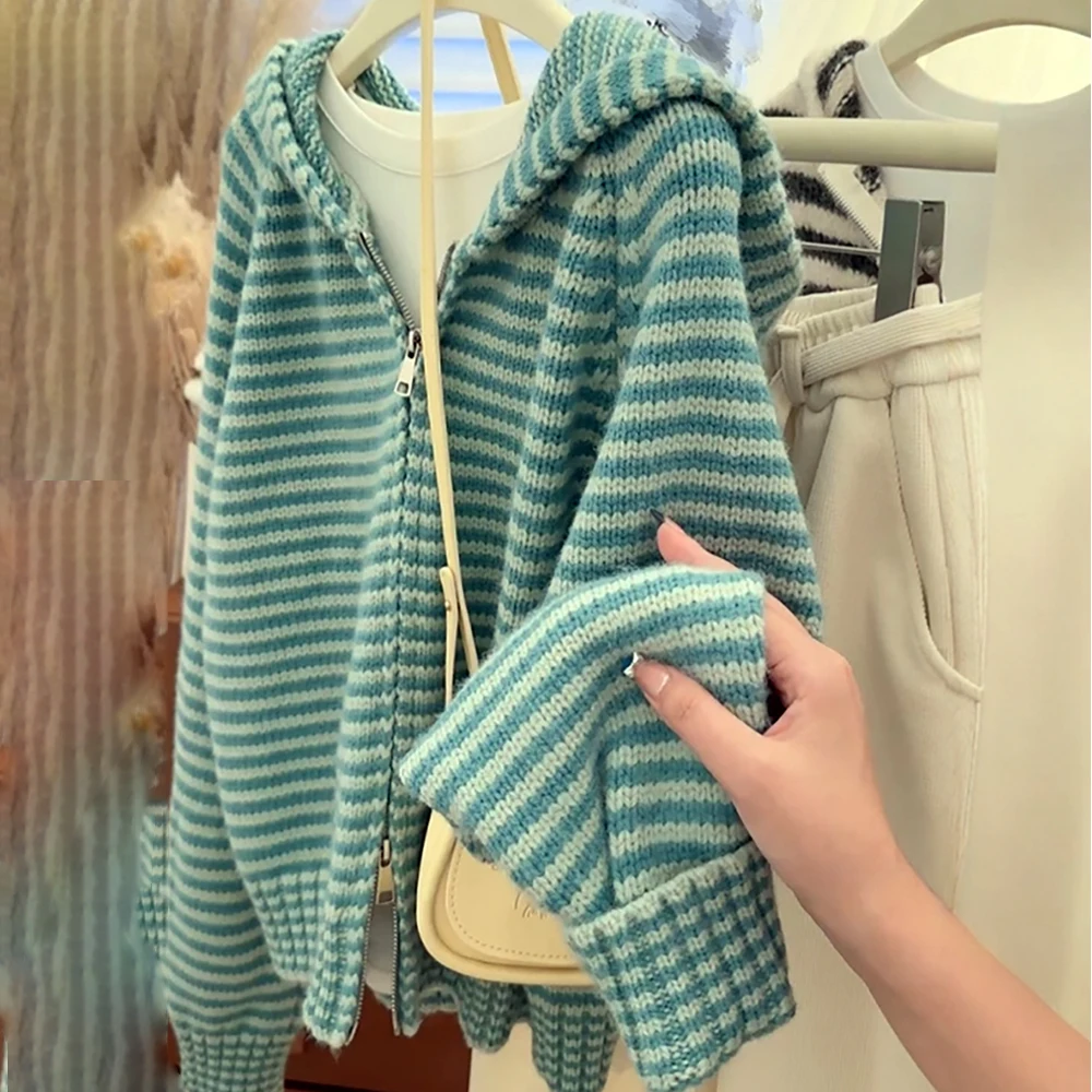 Korean Style Green Knitted Cardigans for Women Casual Loose Knit Hooded Zipper Coats Autumn Winter Warm Sweater Jackets Tops view 4