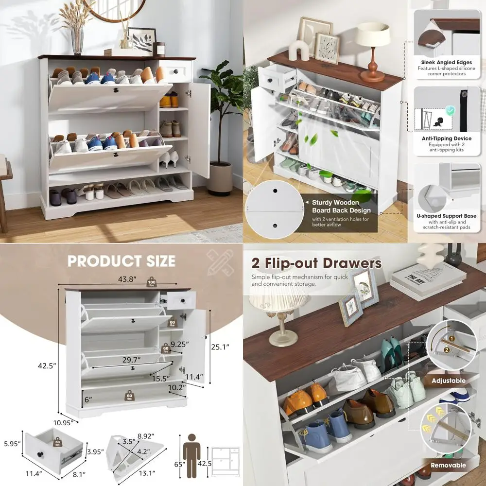Adjustable Shelf Shoe Organizer with Flip Drawers and Side Cabinet - Freestanding Hidden Shoe Rack Cabinet