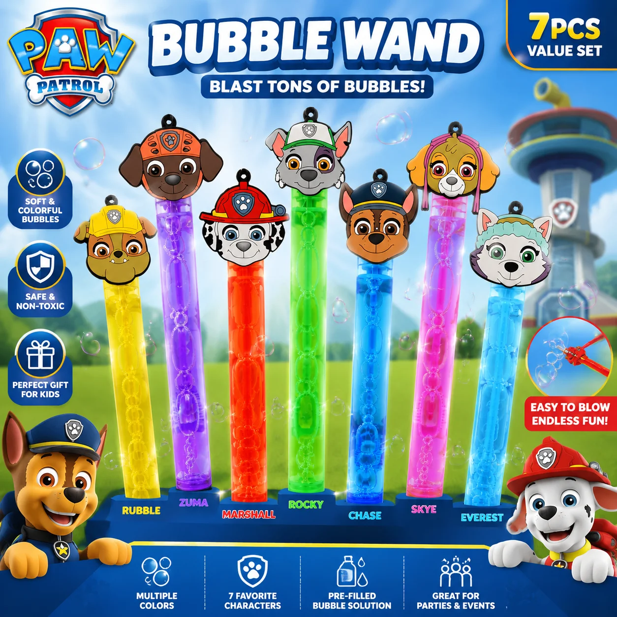 7-teiliges Cartoon Paw Patrol Seifenblasenstab-Set, Tragbare Anime-Seifenblasenstäbe für Jungen, Outdoor-Partyspielzeug und Geschenke