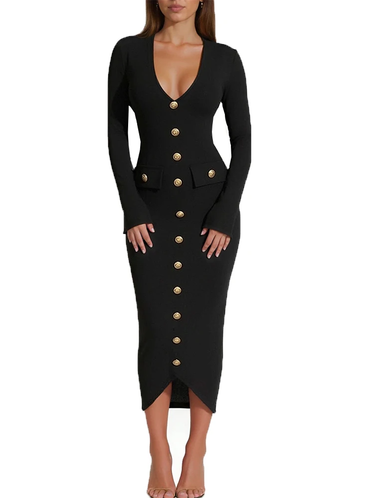 

French V Neck Long Sleeve Knitted Dress Slim Fit Single Breasted Sweater with Split Design New Fashion Long Dress