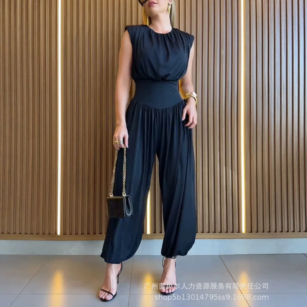 Jumpsuits Women One Piece Sleeveless Round Neck Long Pants Elastic Waist Rompers Slim Fit Pleated Y2k Streetwear Jumpsuit Work