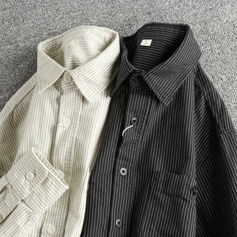 Autumn Artistic Striped Long Sleeve Shirt For Men Simple Double Pocket Button Down Shirts Casual Loose Versatile Workwear Shirt