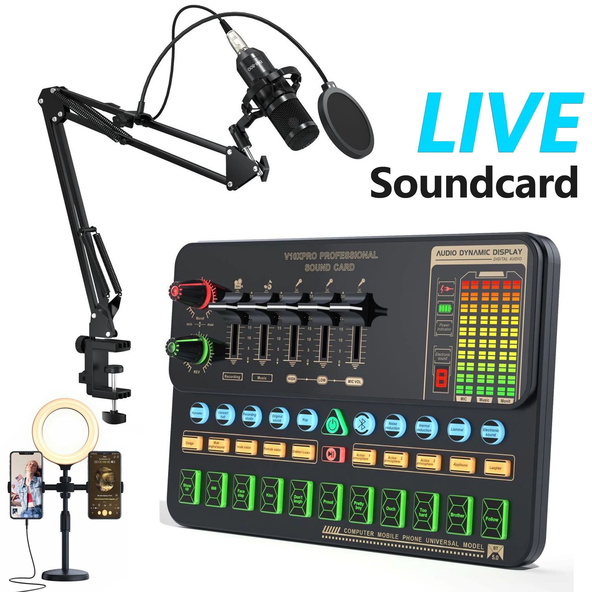 

V10XPro Sound Card Studio Mixer Singing Noise Reduction Microphone Voice BM800 Live Broadcast Phone Computer Record Sound set