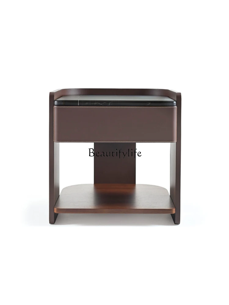 

Italian minimalist marble countertop bedside table, modern light luxury saddle leather bedside cabinet