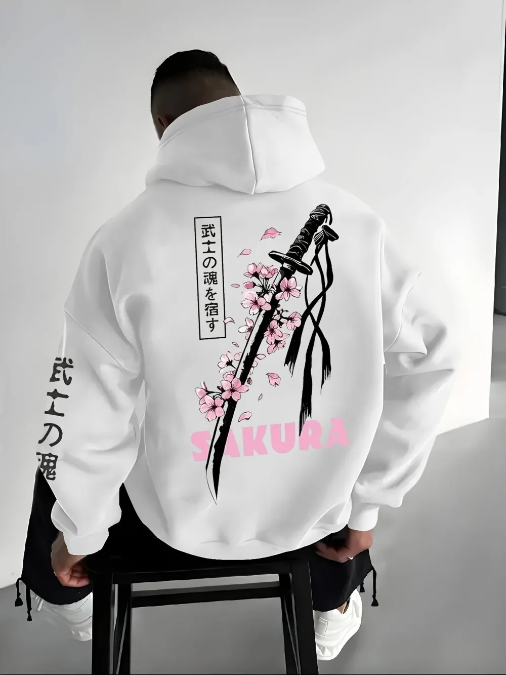 American Men's Autumn Cherry Blossom Branch Letter Print micro Elastic Comfortable Hooded Sweatshirt Outdoor Street Top hoodies