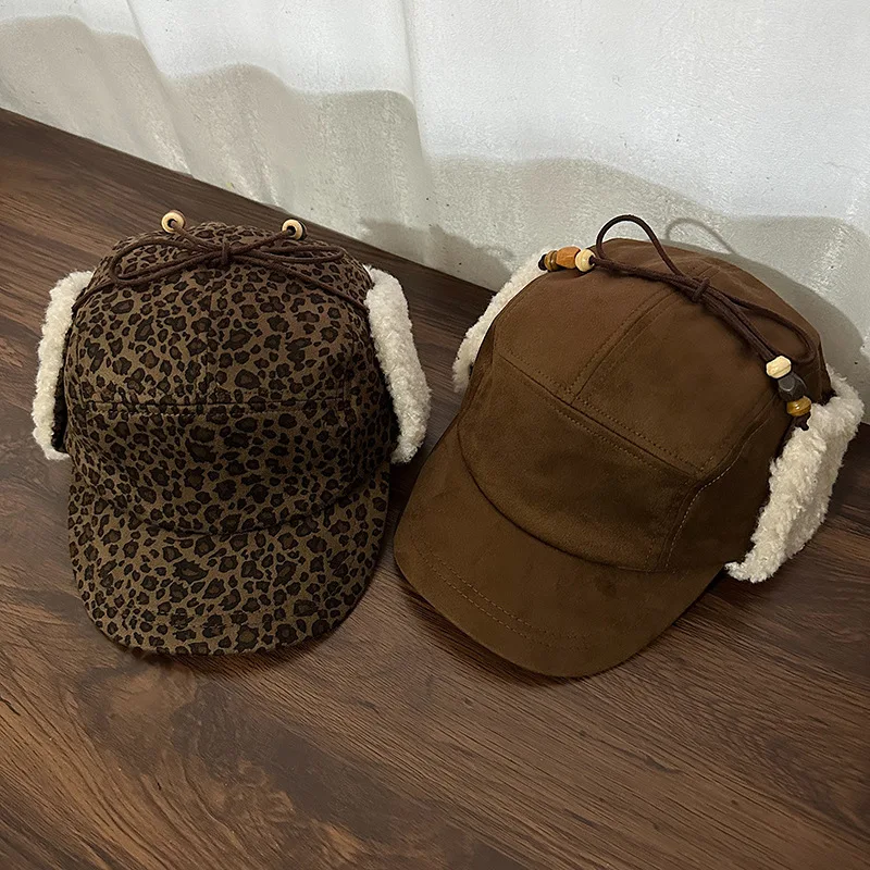Autumn and Winter Leopard Print Thick Warm Pilot Caps for Men and Women Outdoor Cycling Windproof Ear Protection Baseball Cap
