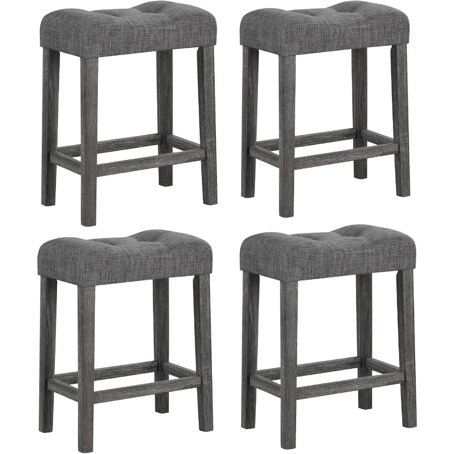 

24-дюймовый набор барных стульев из 4 барных стульев-седла без спинки с мягким сиденьем, твердые резиновые деревянные ножки, льняная ткань для фермерского дома U