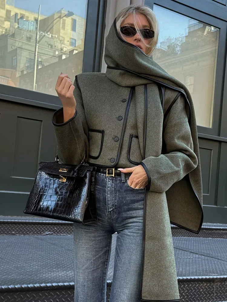 HH Women New Fashion Versatile Imitation Leather Scarf Short Coat Female Simple Casual Single-breasted Pocket Long Sleeve Jacket