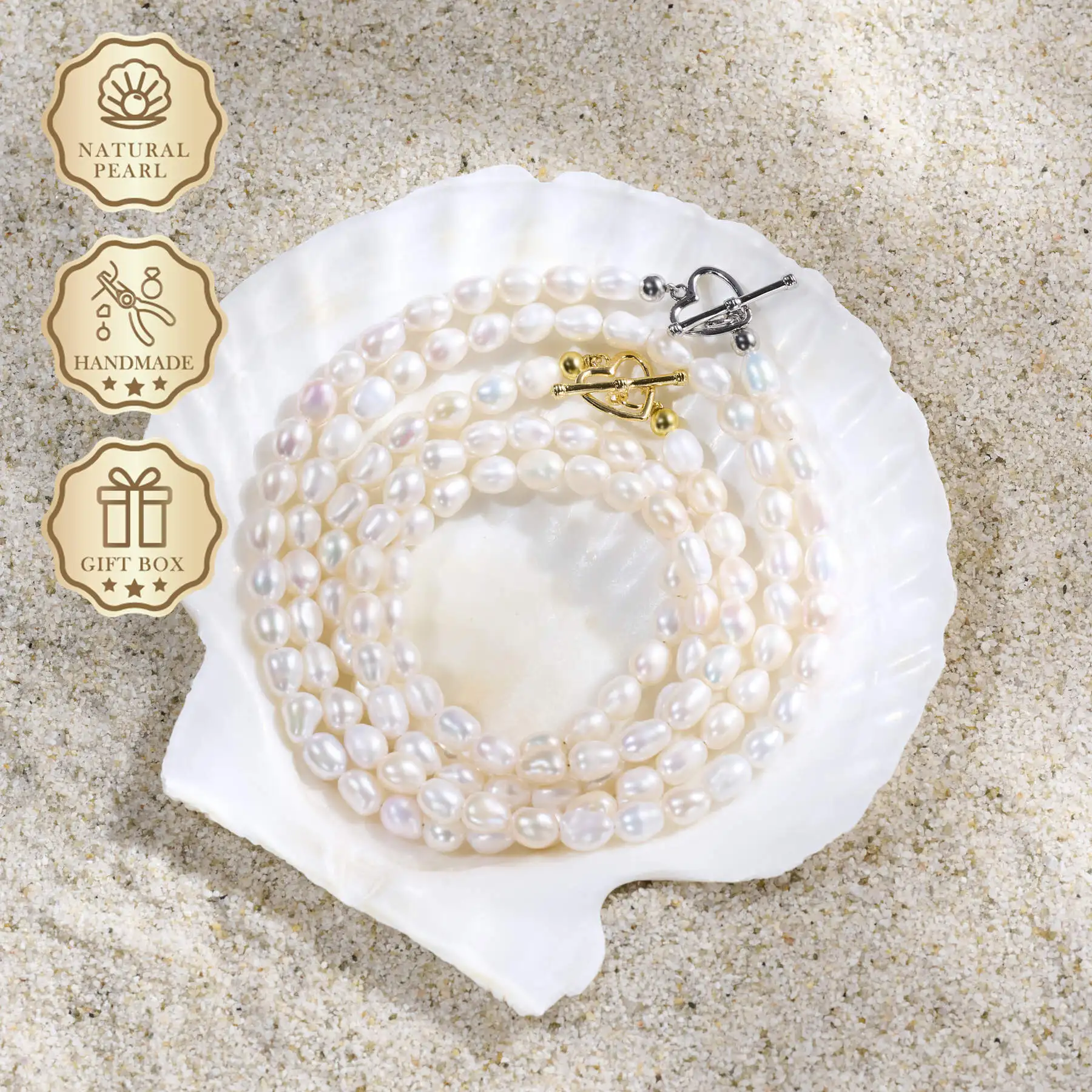 

MYSOYA Natural White Rice Freshwater Pearl Necklace, 5–6mm Pearls with Gold or Silver Heart Clasp, Gift Box, Birthday Gift