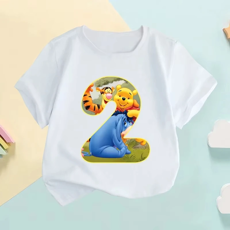 2026 コットン子供用ラウンドネック Tシャツかわいいくまのプーさん誕生日番号漫画プリント半袖