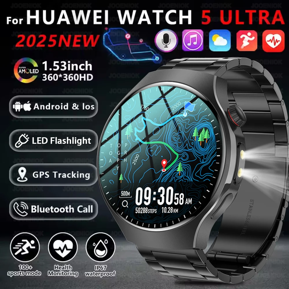 

2025 For Huawei Watch 5 Smart Watch Men LED Flashlight GPS Sports Watch 390*390 HD AMOLED Heart Rate Bluetooth Call Smartwatch