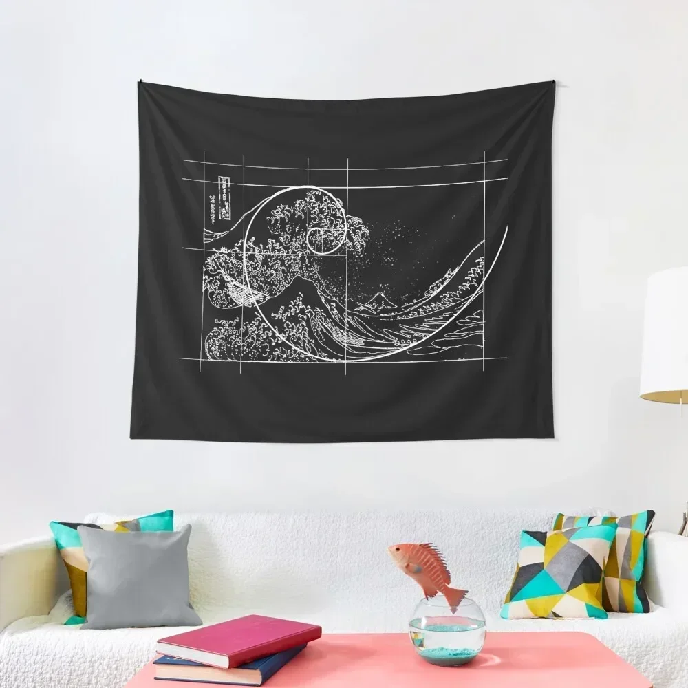 Hokusai Meets Fibonacci, Golden Ratio, White Line Tapestry Home Decor Accessories Bedroom Decorations Wall Coverings Tapestry