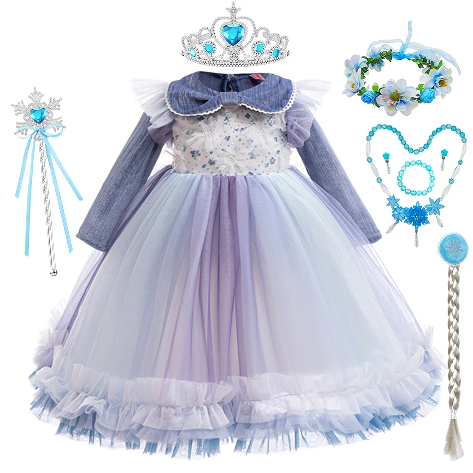 Elsa Princess Dress Disney Kids Cosplay Costume Girls Snow Queen Long Sleeves Mesh Deluxe Gown Birthday Carnival Party Outfits