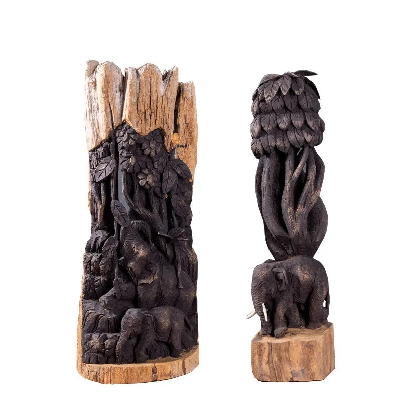 Handmade wood carving imported living room retro ornament baby elephant ornament, creative office living room wood crafts