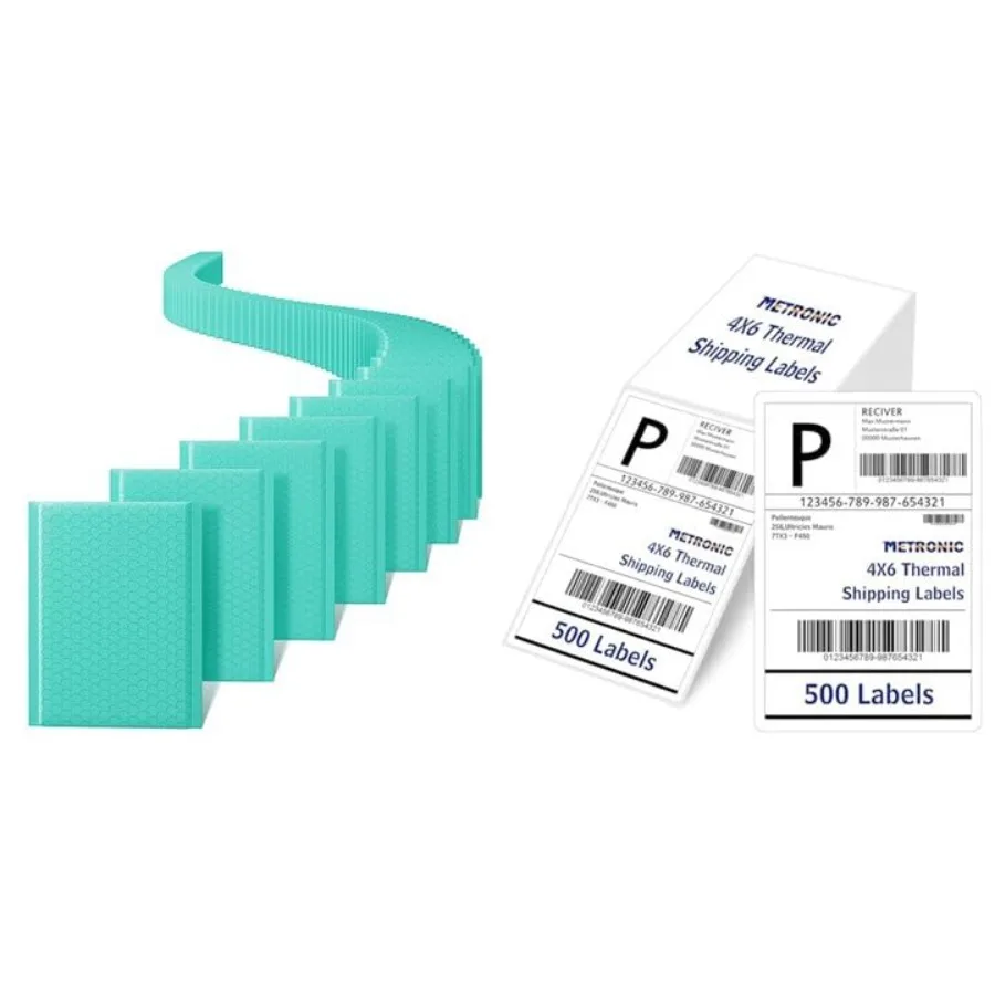 

Teal Bubble Mailers 6x10" 100 Pack and 4x6 Fanfold Thermal Labels 500PCS
