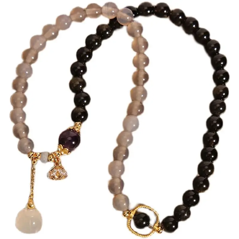 UMQ Natural Gray Agate Double Circle Crystal Custom Bracelet Fashion All-Match Gold Obsidian Bracelet Lotus Seedpod Pendant