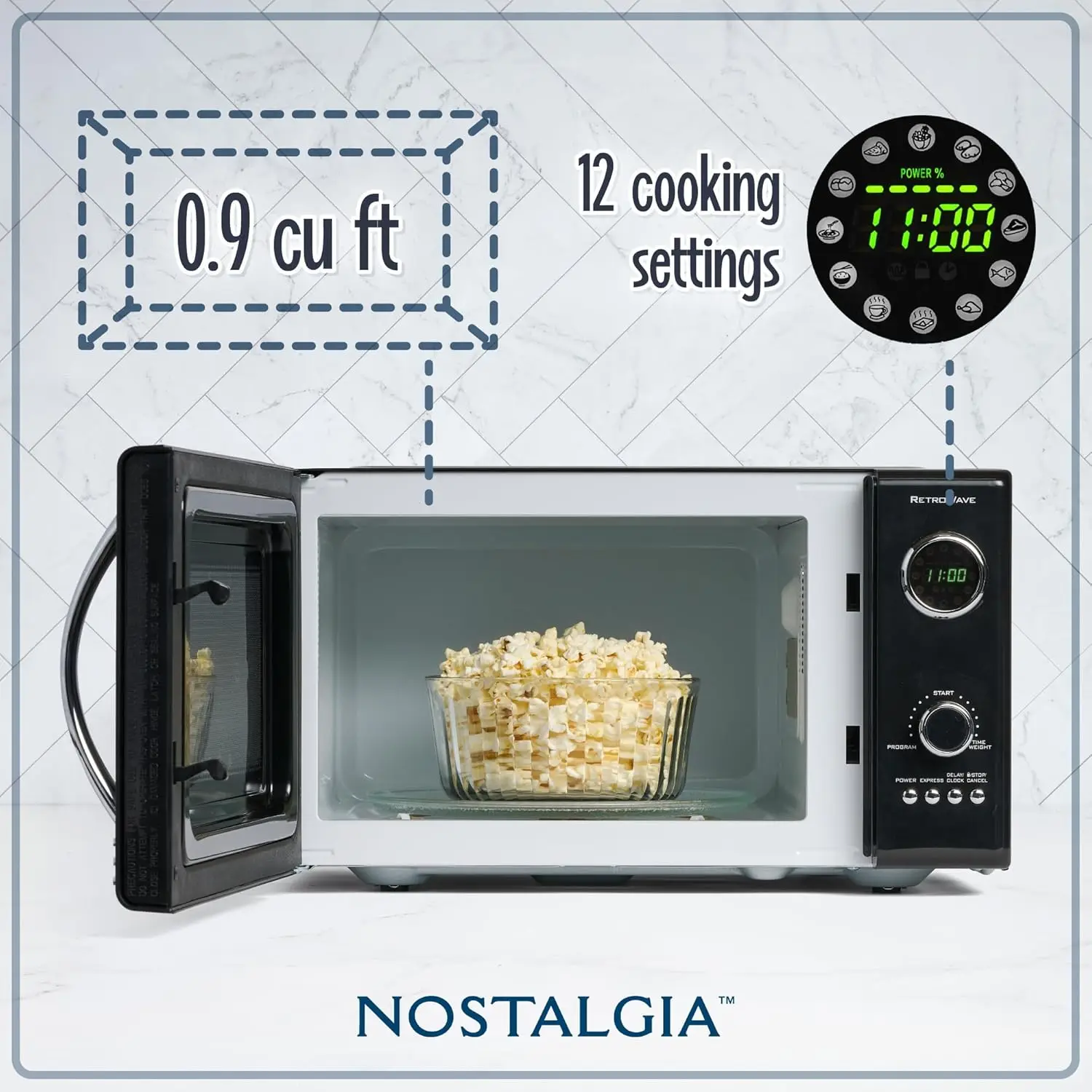 Forno de micro-ondas de bancada retrô grande 800 watts 0,9 pés cúbicos 12 configurações de cozinha préprogramadas relógio digital cozinha appl