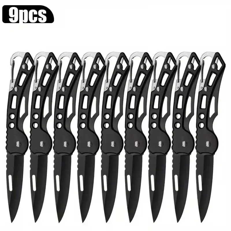 9-piece folding knife with keychain, portable outdoor survival stainless steel pocket knife - black