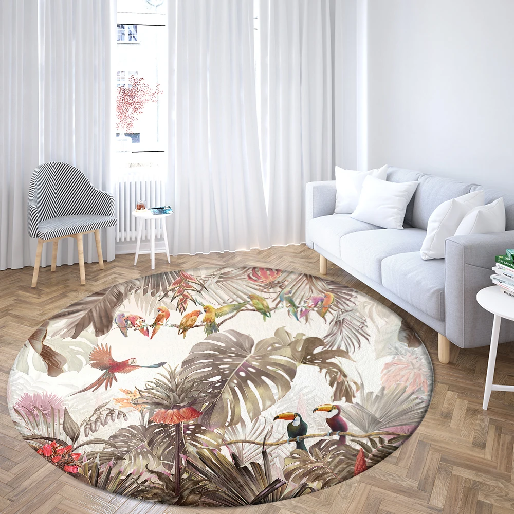 

Landscape Illustration Round Rugs Rainforest Parrot Sofa Rug Home Living Room Bedroom Bathroom Floor Mats Print Decorate Carpet