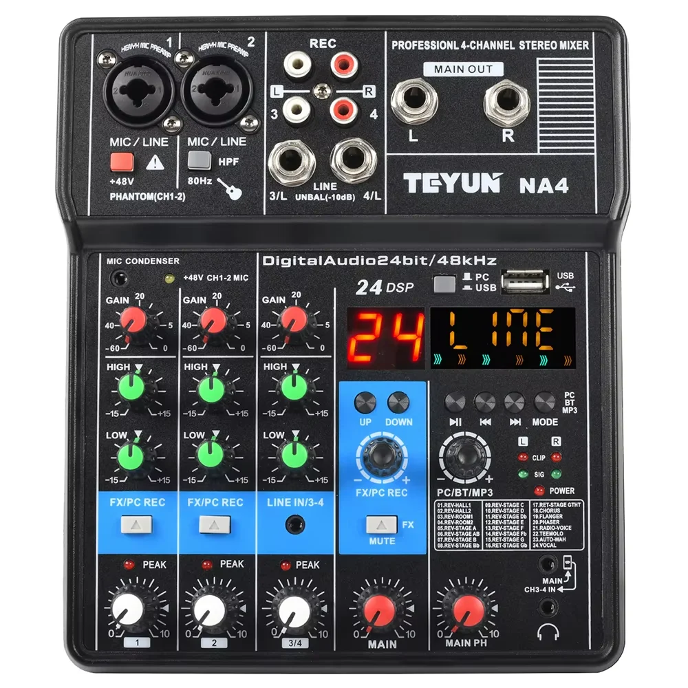 TEYUN 4 Channel Professional Portable Sound Mixer Console Computer Input 48v Power Model Number Certification Origin Mixing NA4