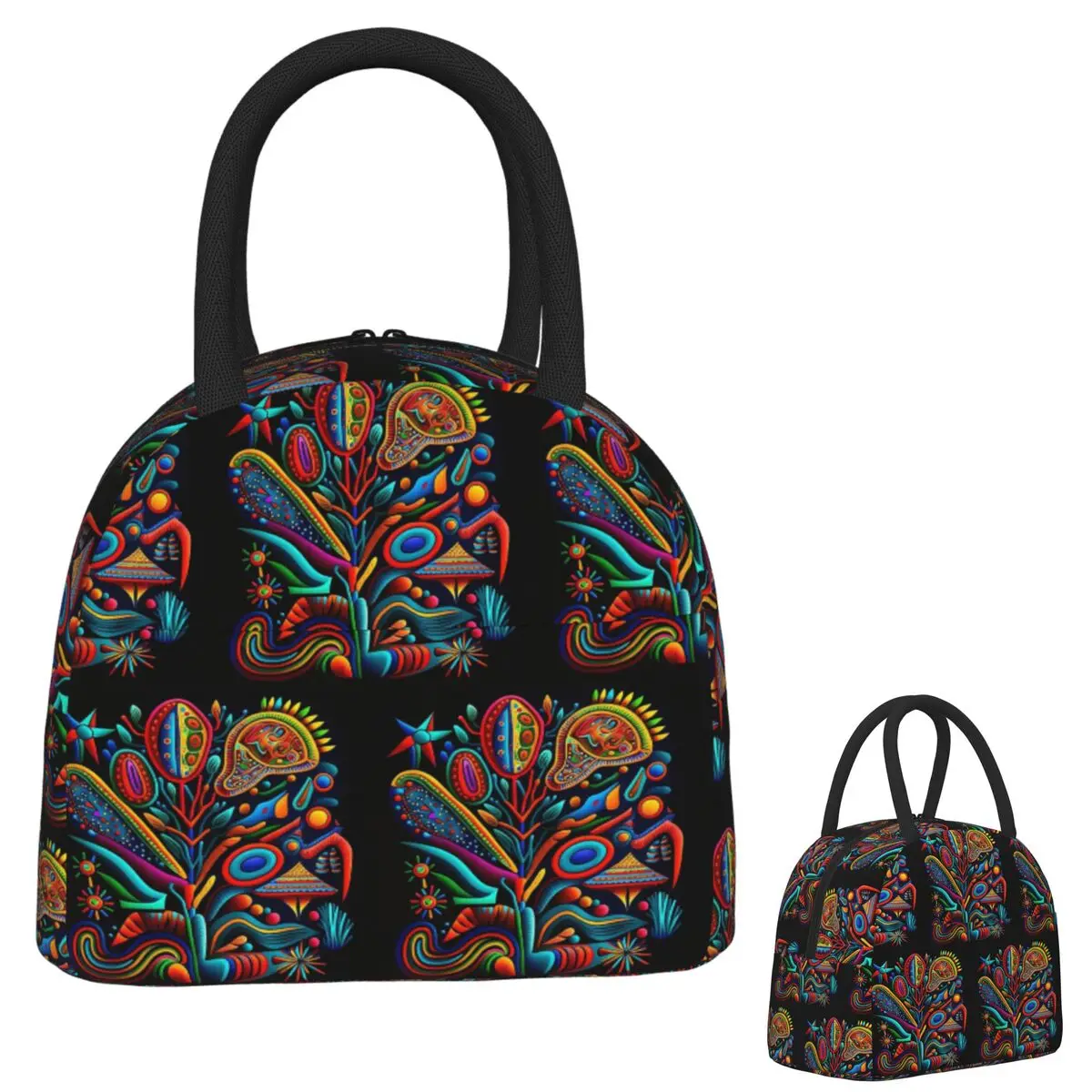 

Huichol Mexican Yarn Painting Style Throw Cushion Insulated Lunch Bag for Women Kids Leakproof Food Boxes Thermal Lunch Box Tote