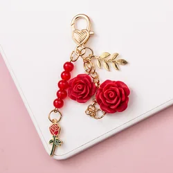 Fashion Imitation Pearl Flower Keychain Cute Sakura Rose Plush Ball Keyring for Women Girls Car Handbag Phone Pendant Accessorie