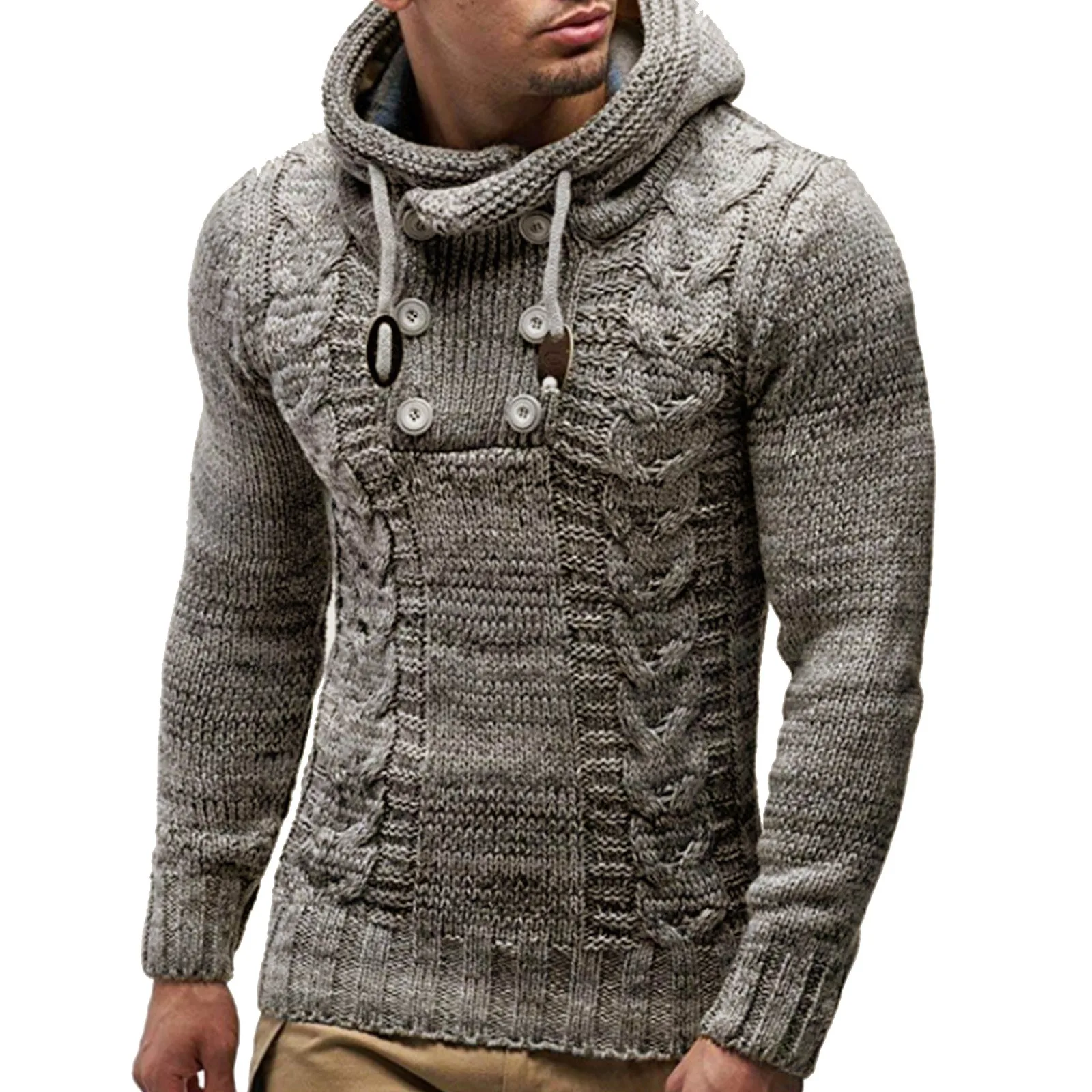 European And American Men'S Knitted Pullover Men'S Winter Coat High Neck Knitted Hooded Sweater Warm And Slim Fit Sweater