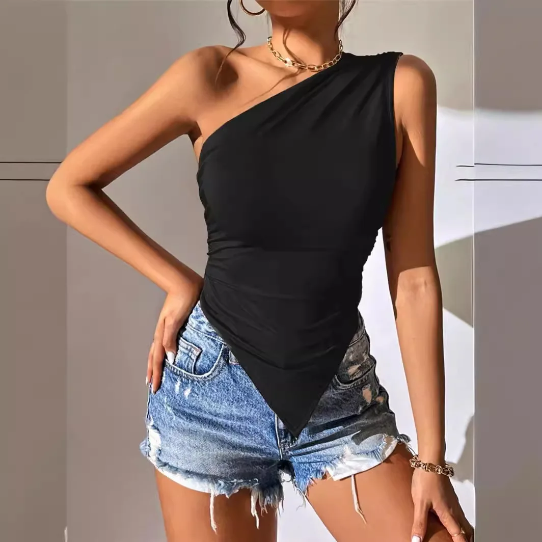 

Sexy One Shoulder Ruched Asymmetrical Hem Top Women Summer Casual Solid Color Pleated Sleeveless Tee Top Streetwear Y2K