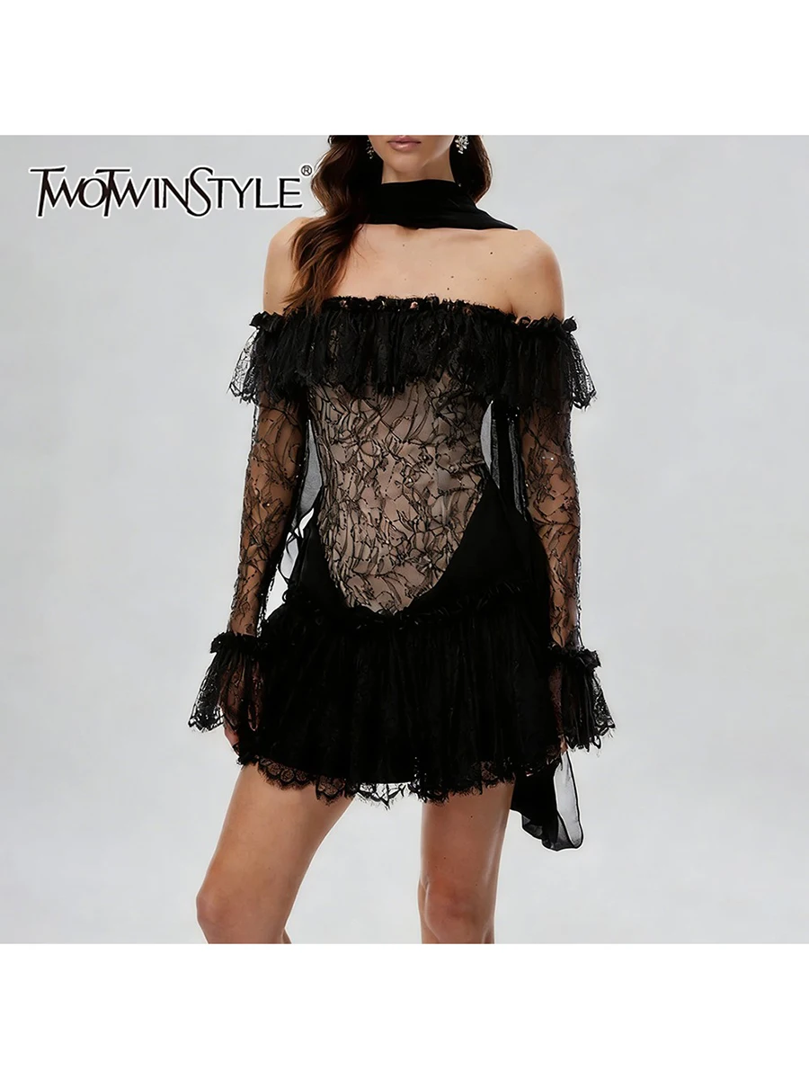 

TWOTWINSTYLE Slimming Sheer Spliced Lace Elegant Mini Dress for Women Lapel Neck Long Sleeves Patchwork Ribbon Drtesses Female