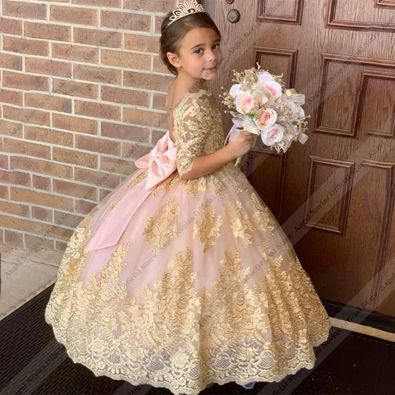 Customized Light Pink Flower Girl Dress For Wedding Gold Appliques Tulle With Bow Elegant Princess Birthday Party Ball Gown