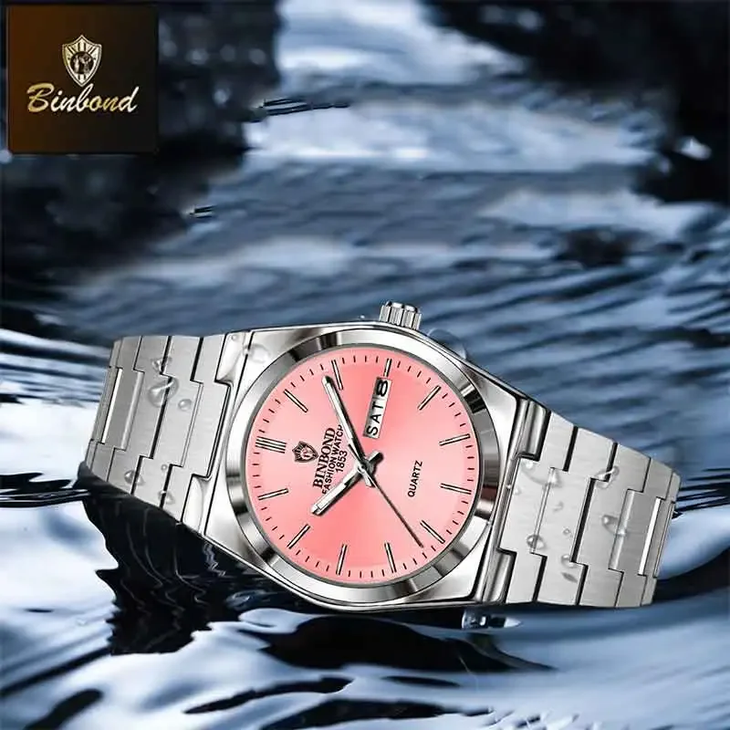 BINBOND العلامة التجارية الفاخرة أزياء المرأة كوارتز ساعة جديدة الفولاذ المقاوم للصدأ الرياضة الأصلية للماء ليلة ضوء التاريخ السيدات ووتش
