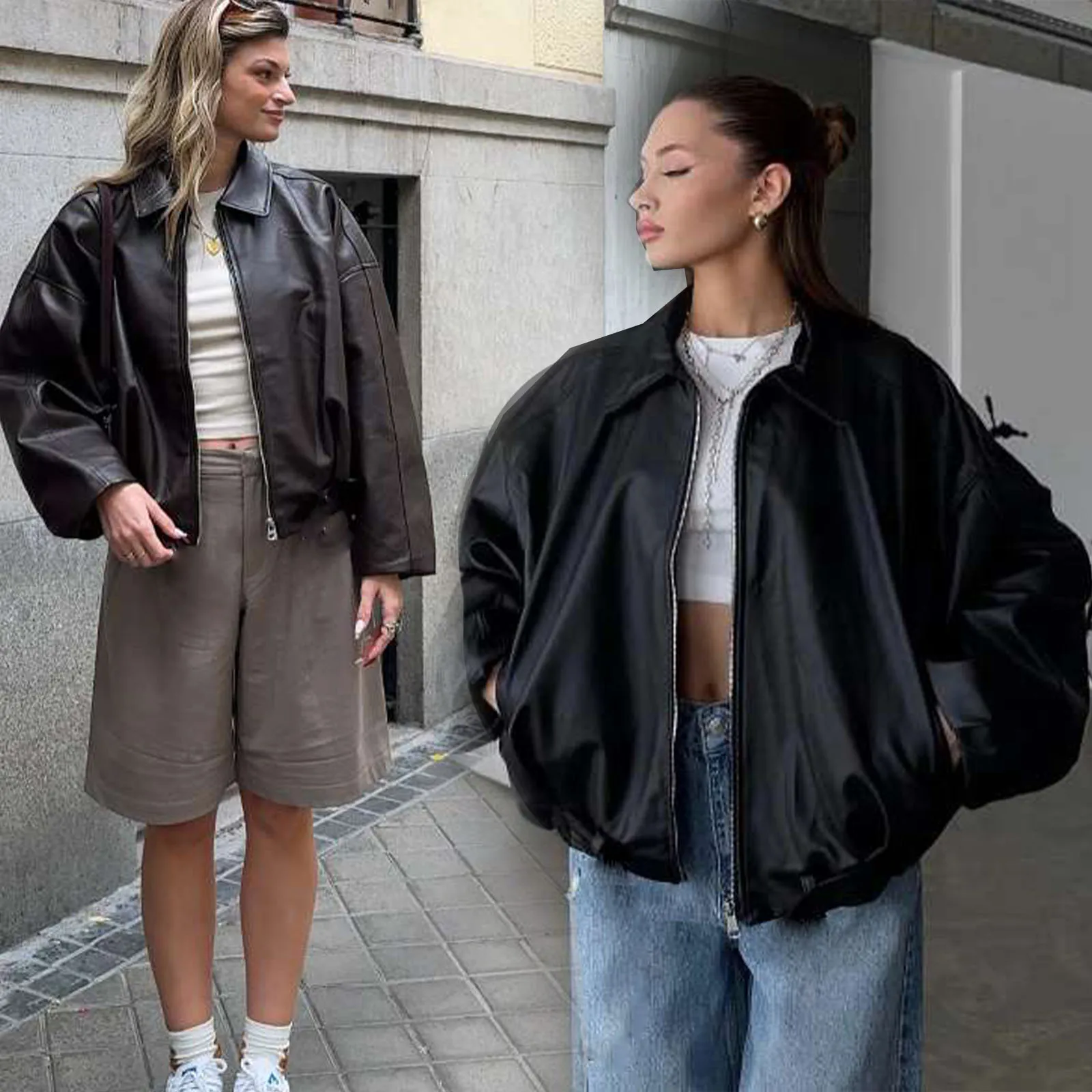 

HH 2021, осенние женские модные куртки из искусственной кожи, однотонные коричневые куртки с длинными рукавами и карманами на молнии, уличные ретро-куртки