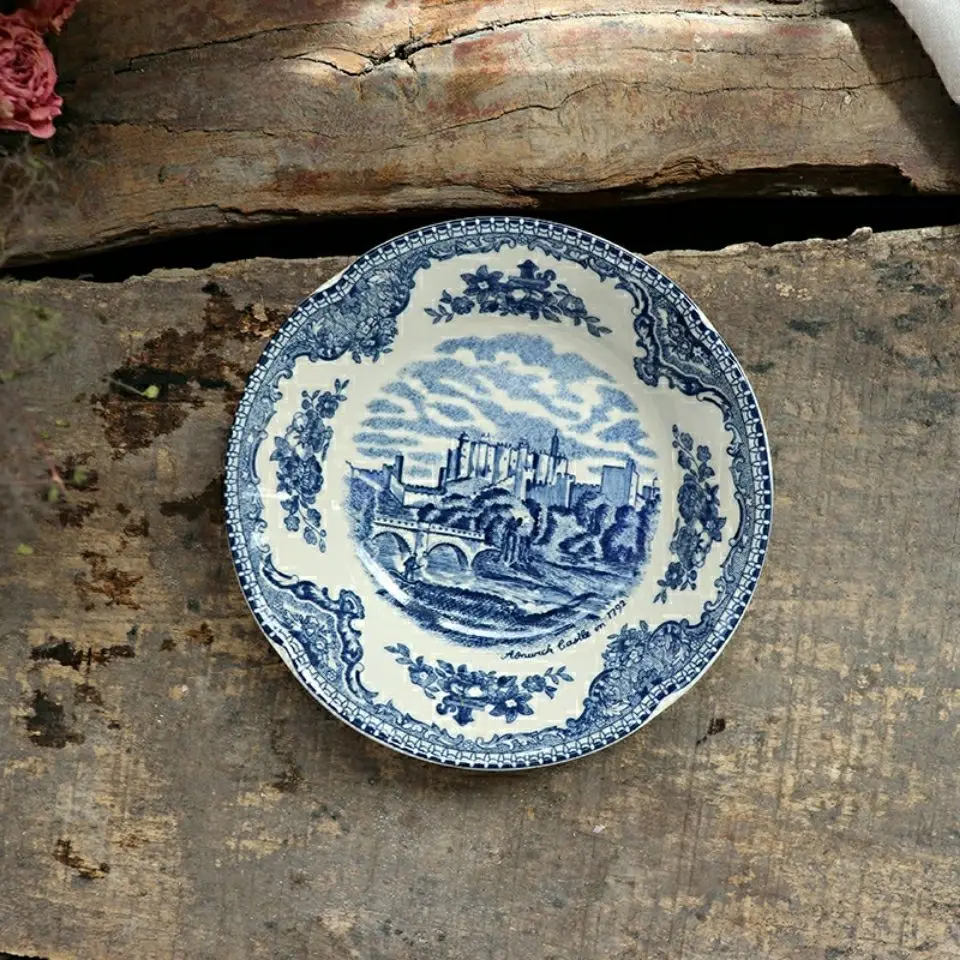 Ceramic Vintage European Blue Castle Steak Flat Soup Plate Bread Plate