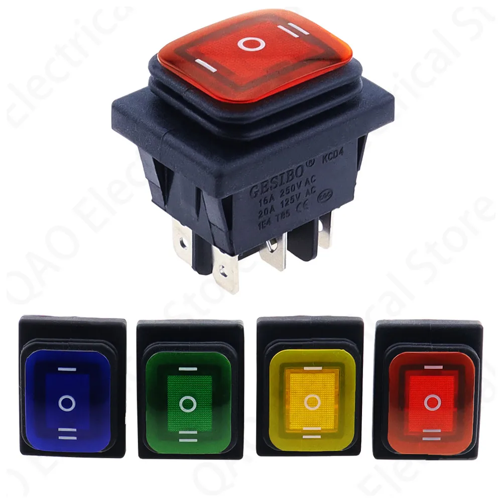 KCD4-203 Heavy Duty 16A 250VAC 30x22 Waterproof Rocker Switch 6pin DPDT ON OFF ON 12V 220V Red Green LED Light Rocker Switch 4.9