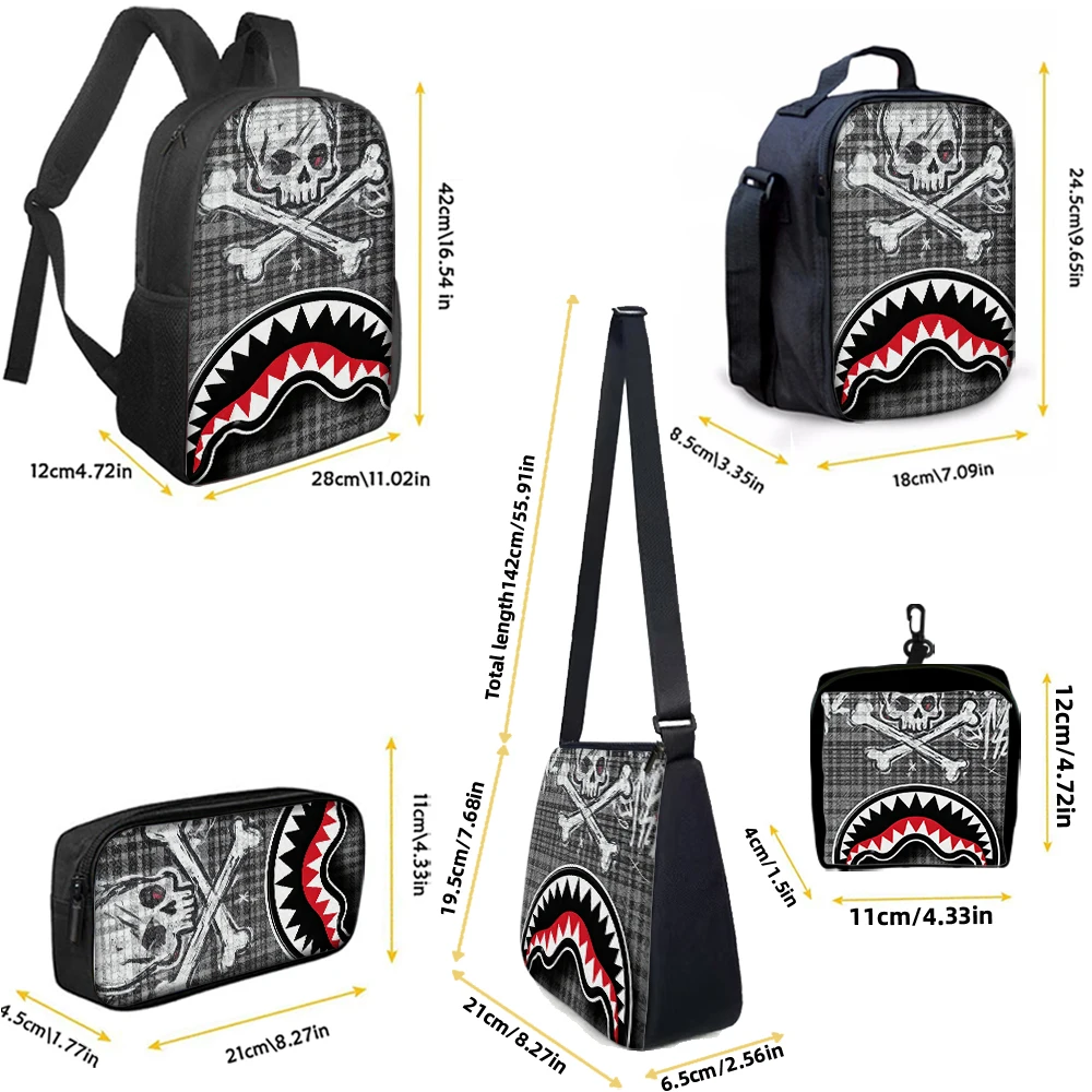 1/2/3/4/5PCS Trendy Shark Graphic Backpack Set | Perfect for School & Daily Adventures