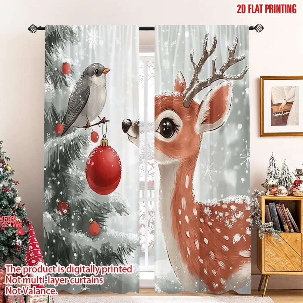 

2pcs 2D flat printing Christmas Curtain Deer Bird Christmas Bauble Snow Polyester Without Electricity 0 Use for Indoor