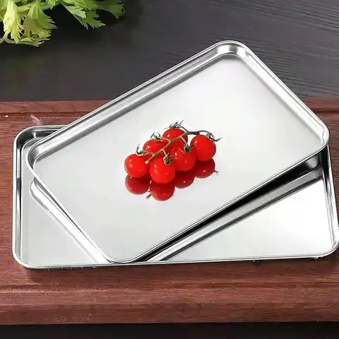 1pc Stainless Steel Rectangular Baking Tray, Flat Bottom Square Plate