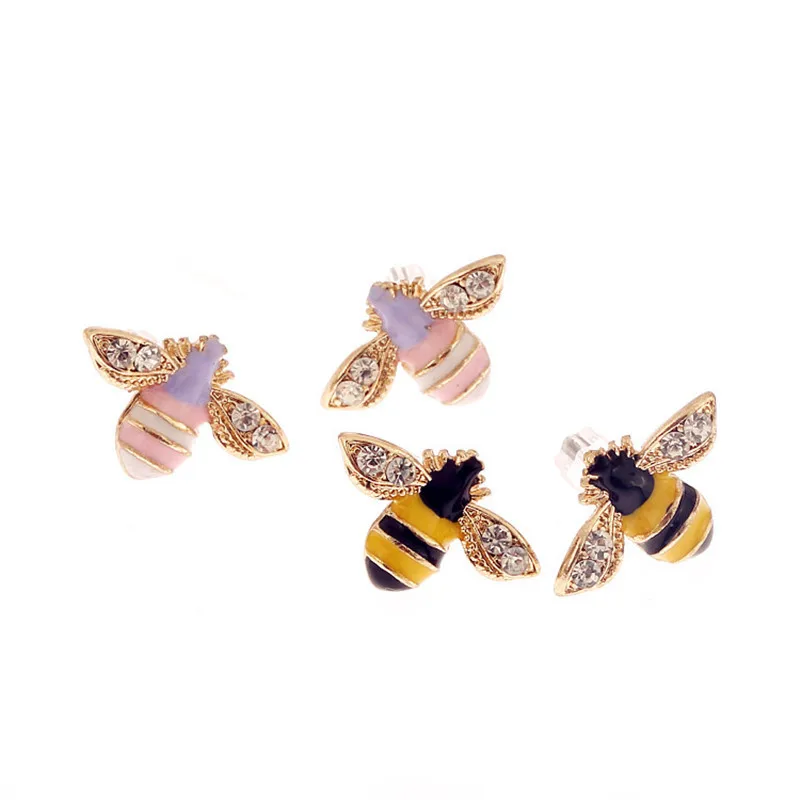 Cute Bee Earrings with Drip Glaze Enamel and Rhinestones, Kawaii Animal Stud Earrings EM140, Sparkling Jewelry Wholesale